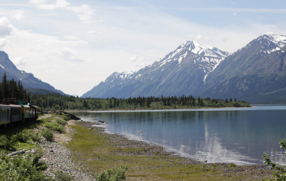 The White Pass railway along Lake Bennett, Yukon.