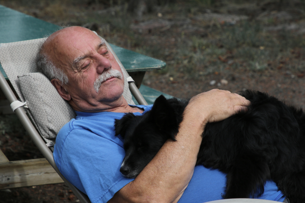 Murray and Tucker having a nap at Congdon Creek Campground, Yukon.