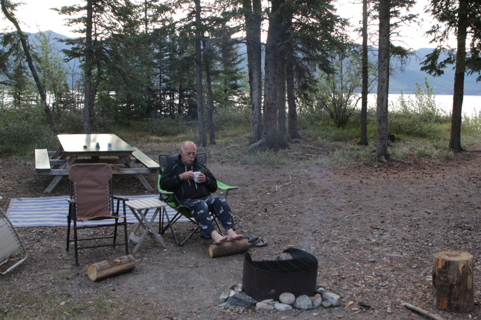 Morning coffee at Congdon Creek Campground, Yukon.