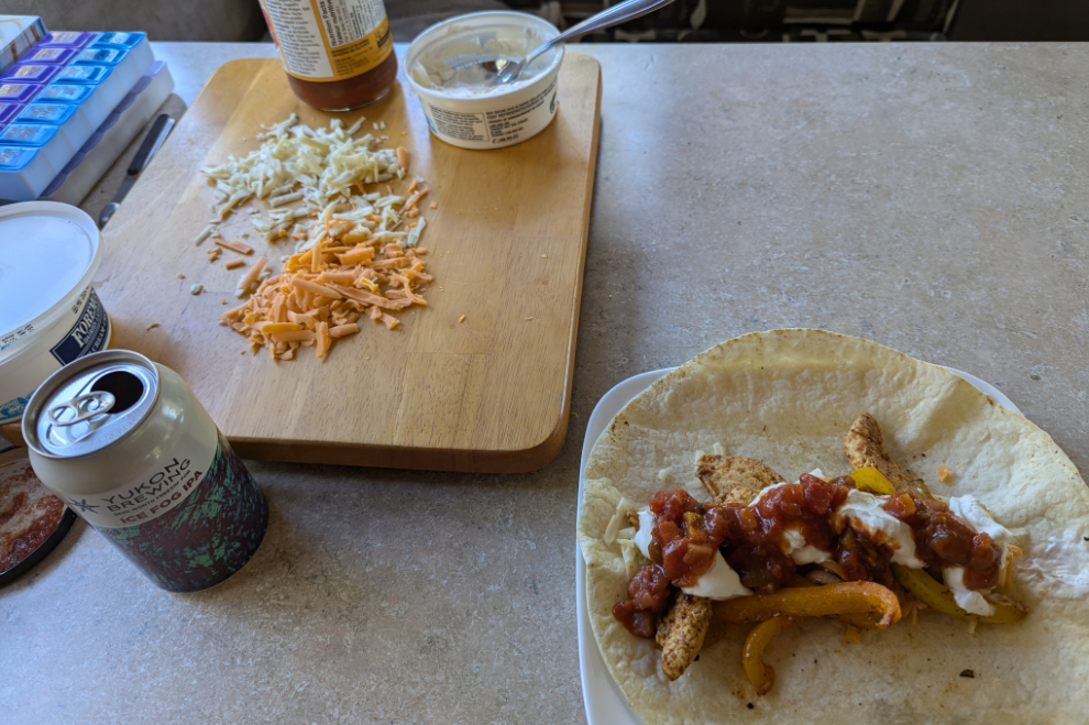 Fajitas for dinner at Congdon Creek Campground, Yukon.