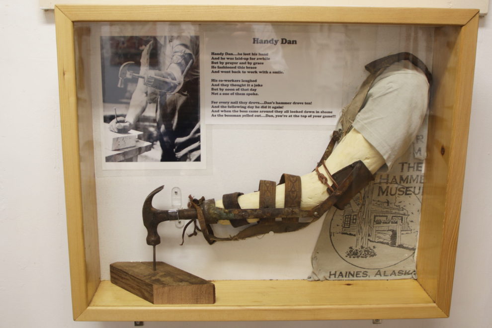 A hammer attached to an early prosthetic arm at the Hammer Museum in Haines, Alaska