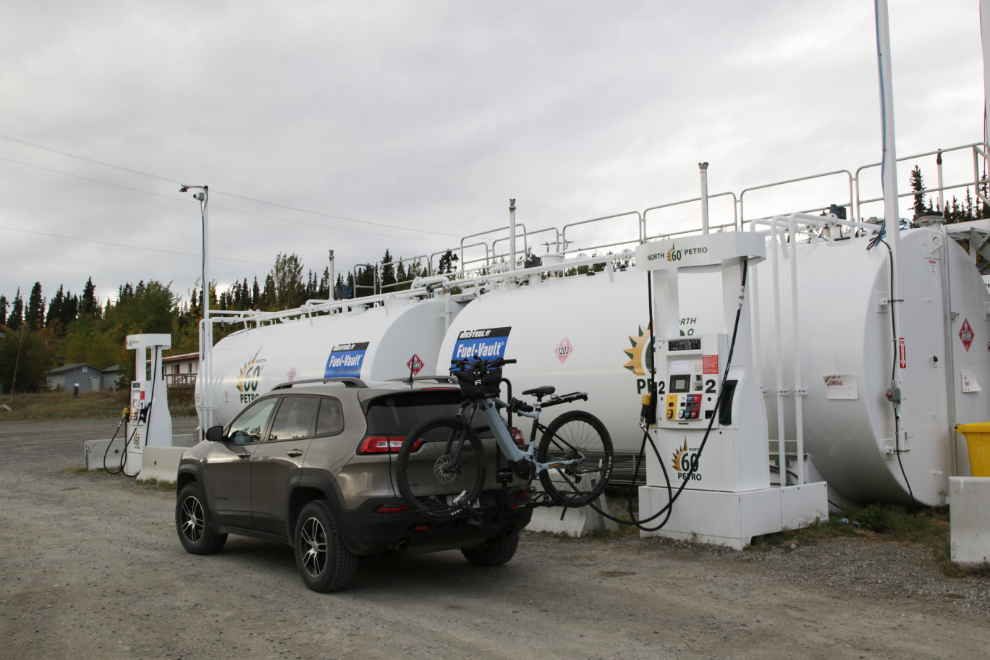 Fuelling up the Jeep at Jake's Corner on the Alaska Highway.