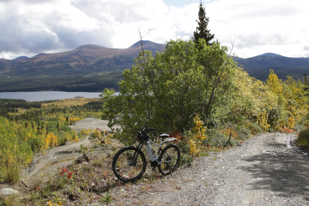 Riding my e-bike to the Boulder Dam Recreation Site, Atlin, BC.