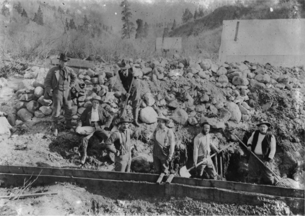 Placer gold mining on Boulder Creek at Atlin, BC, ca. 1899-1900.