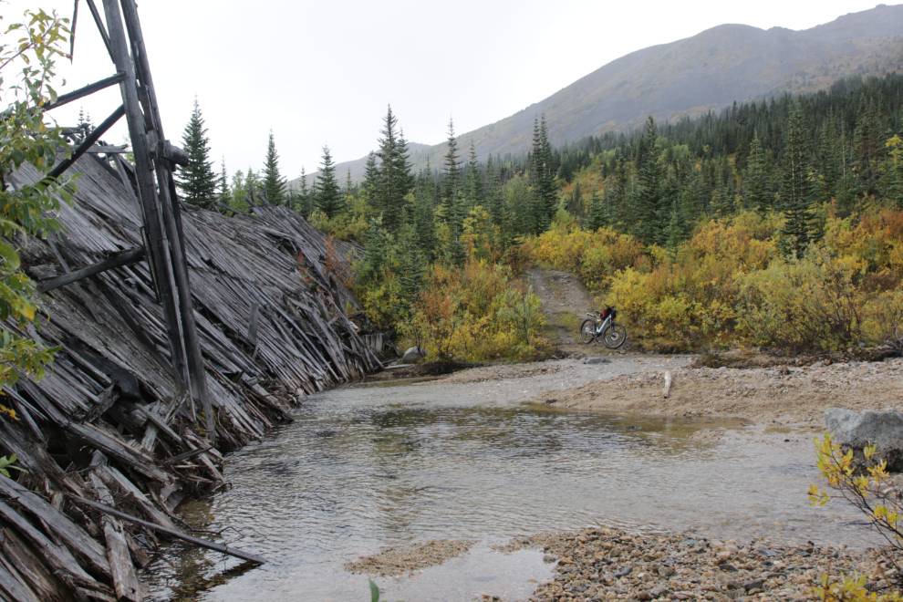 The historic wooden Boulder Creek dam at Atlin, BC.