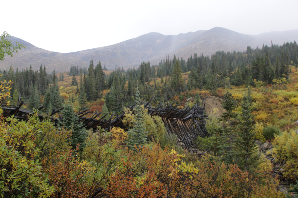 The historic wooden Boulder Creek dam at Atlin, BC.