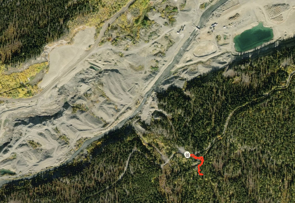 Aerial view of the Dredge and Flume Recreation Site area, Atlin, BC.