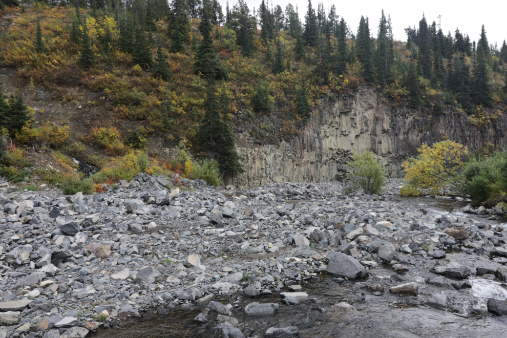 A basalt-walled canyon on an old placer gold mine on Ruby Creek, Atlin, BC.