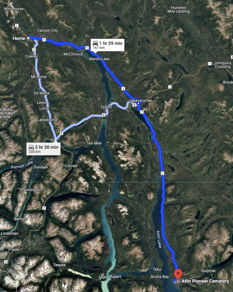 Map - driving from Whitehorse to Atlin.