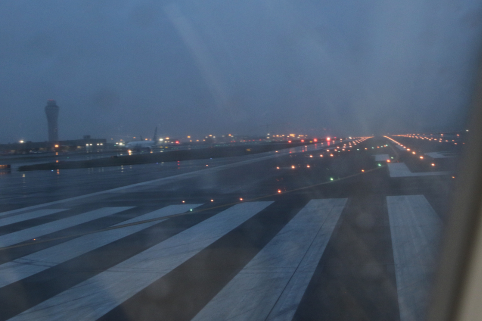 Runway at rainy Sea-Tac airport.