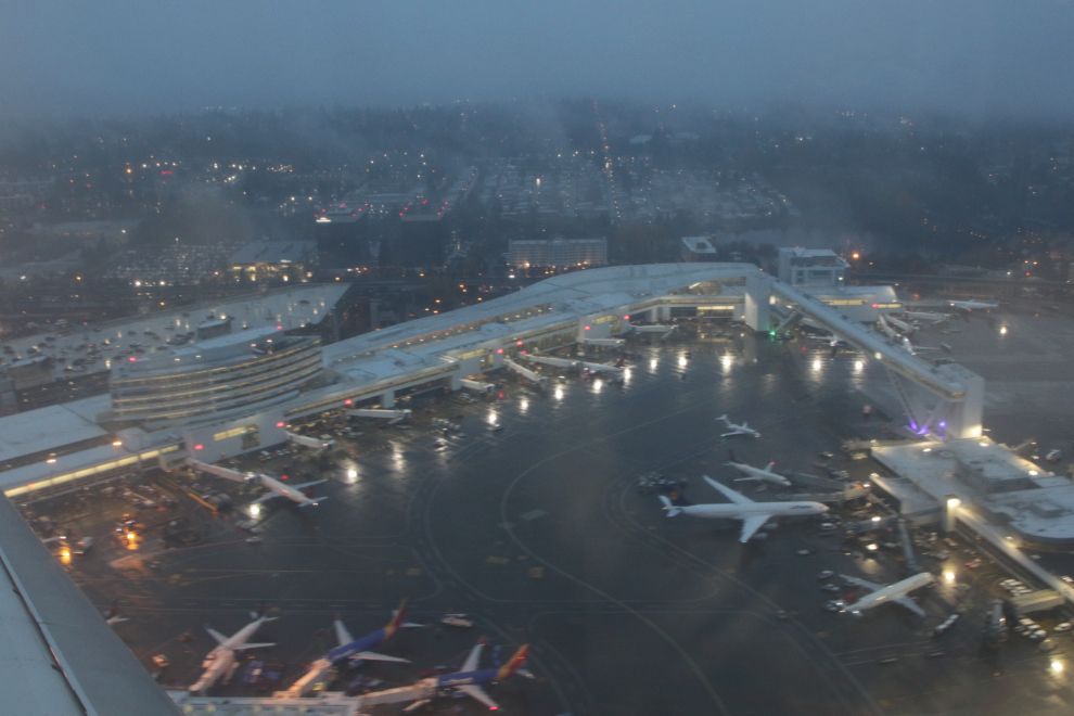 Taking off from Sea-Tac airport on a rainy night.