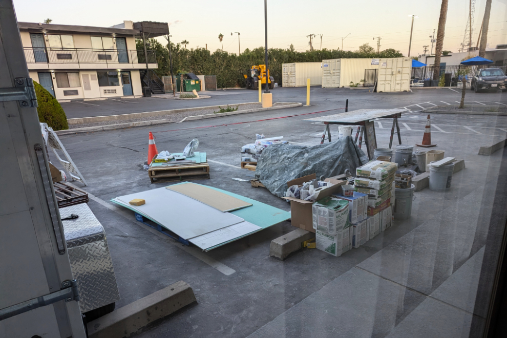 The view from our room at the SureStay by Best Western Phoenix Airport motel was of a lot of construction supplies.