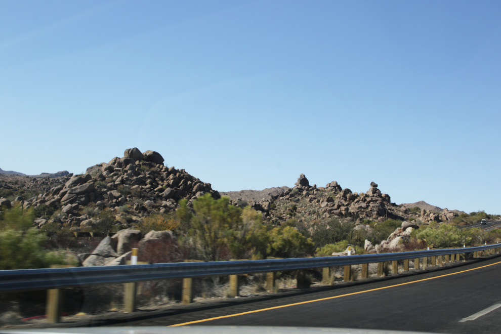 Strange rock piles along Arizona Highway 93.