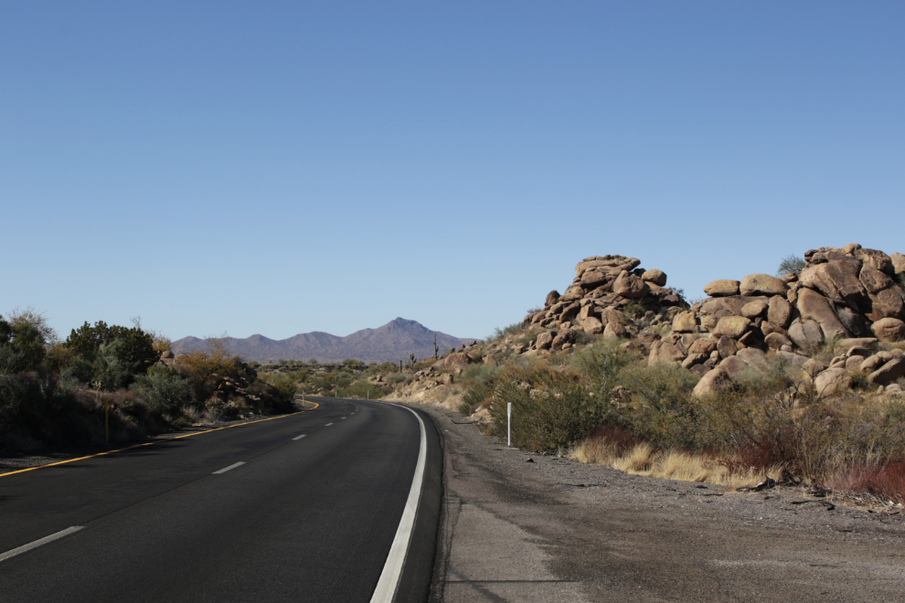 Strange rock piles along Arizona Highway 93.