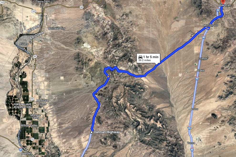 Map of old Route 66 from Kingman to Oatman, Arizona.