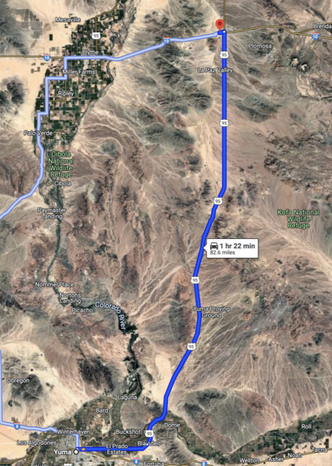 Map of the 83-mile drive from Quartzsite to Yuma, Arizona. 