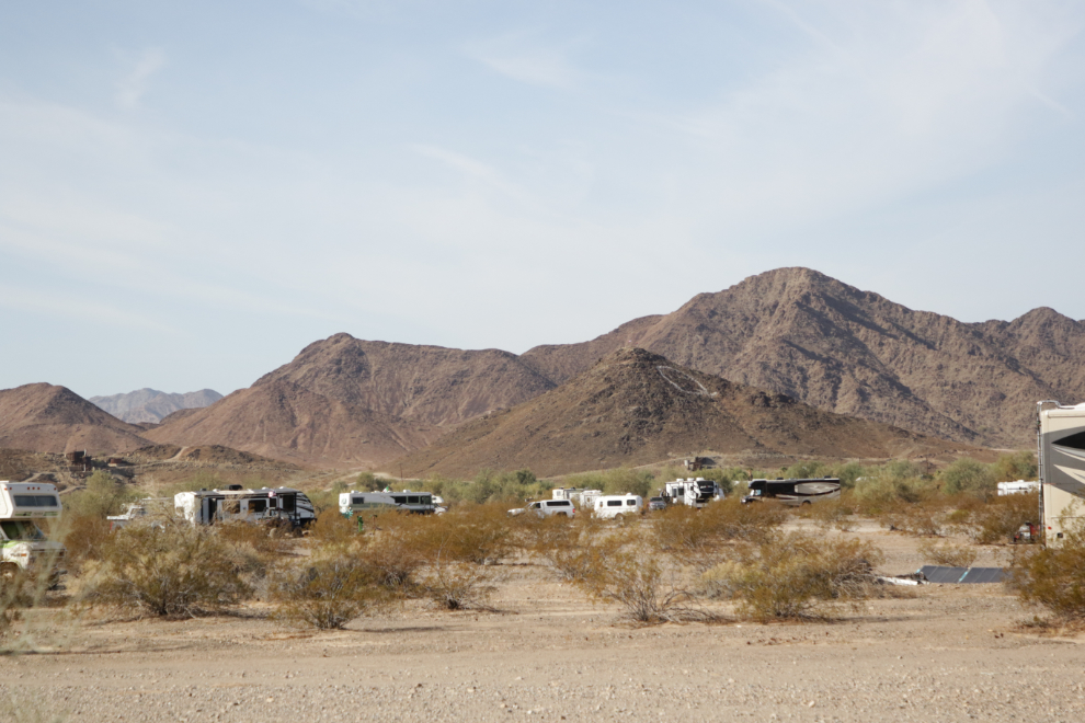 Southbound on Arizona Highway 95 at Quartzsite, passing vast areas set aside for RV parking.