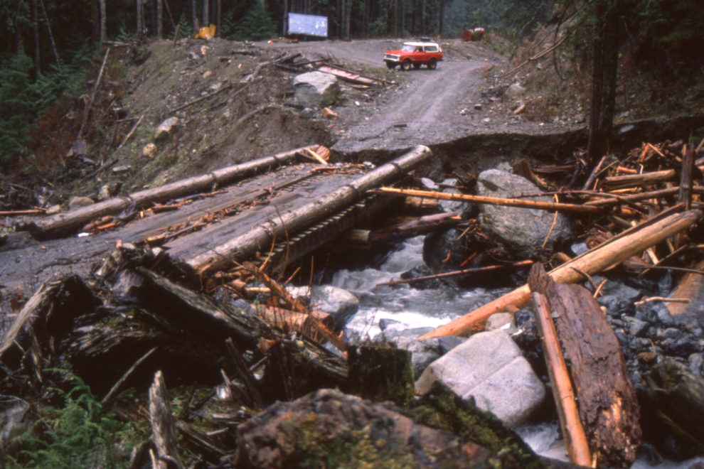 Flood-damaged bridge over Airplane Creek, BC, in 1989.