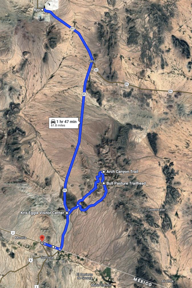 Map of our route from Ajo to and in Organ Pipe Cactus National Monument.