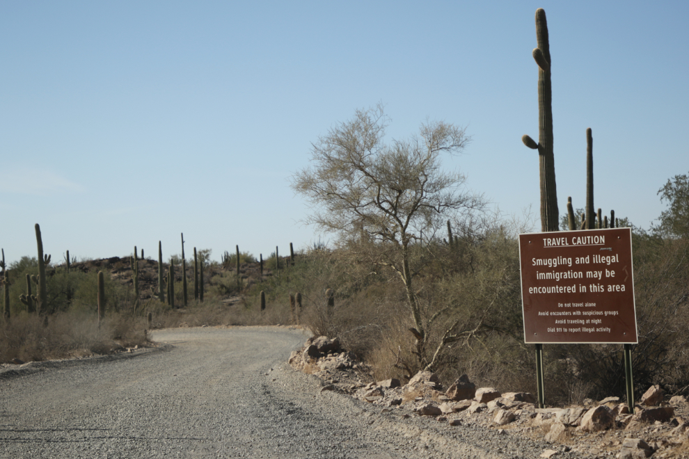 A warning sign along Puerto Blanco Road near the Mexican border.