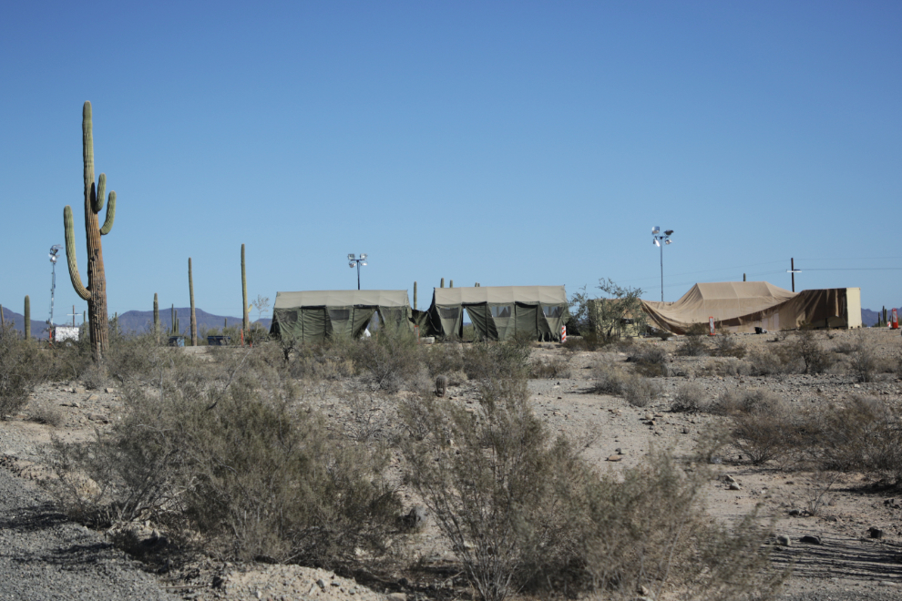 A military-looking tent camp along Puerto Blanco Road near the Mexican border.