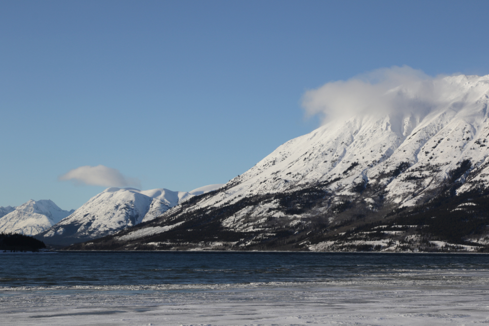 A strong south wind broke open the ice on Lake Bennett in January.