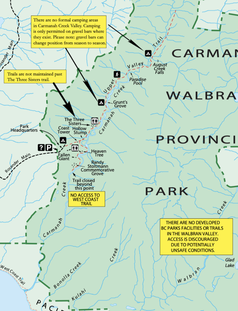 A 2025 map of the accessible part of Carmanah Walbran Provincial Park.