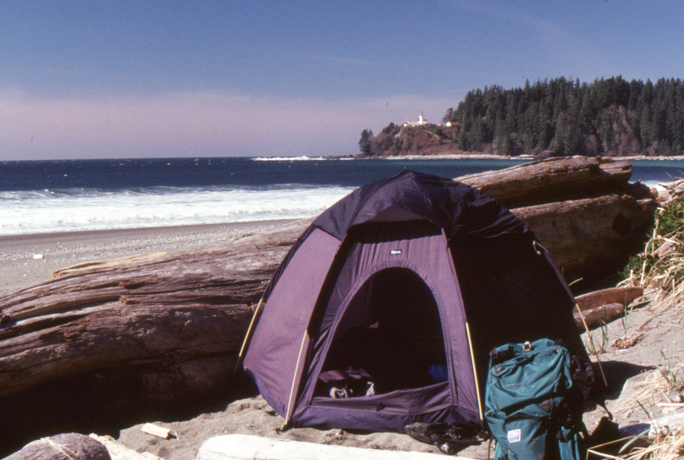 Camped on the beach near the mouth of Carmanah Creek, 1990.