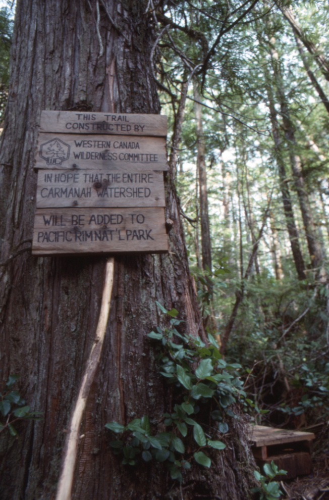 "This trail constructed by Western Canada Wilderness Committee in the hope that the entire Carmanah watershed will be added to Pacific Rim Nat' Park." I believe the trail was built in 1988-1989.