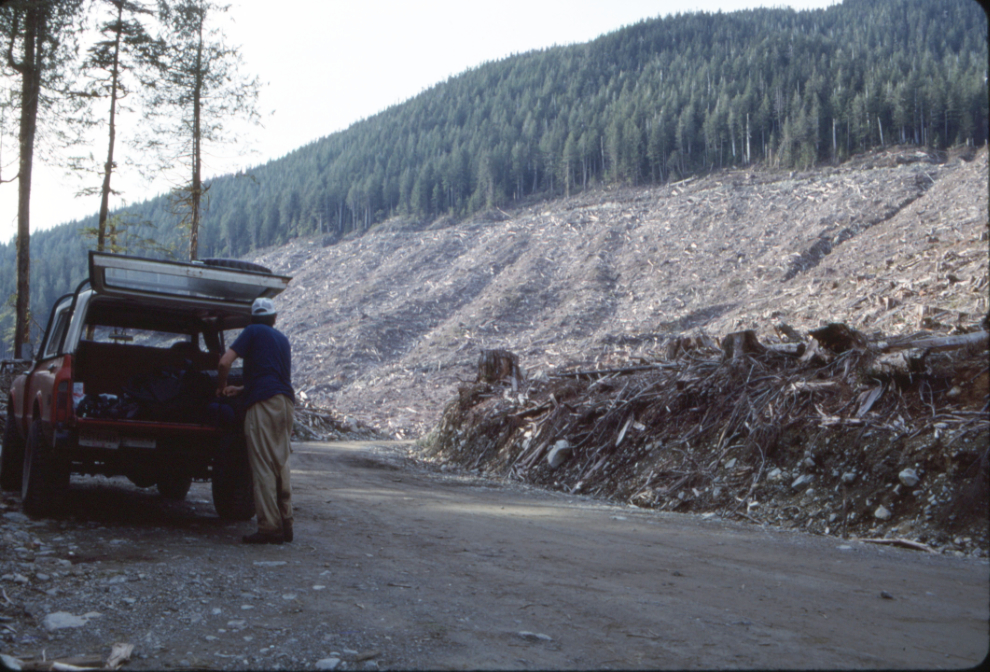 Packing up the truck at the head of the Carmanah Valley trail, 1990.