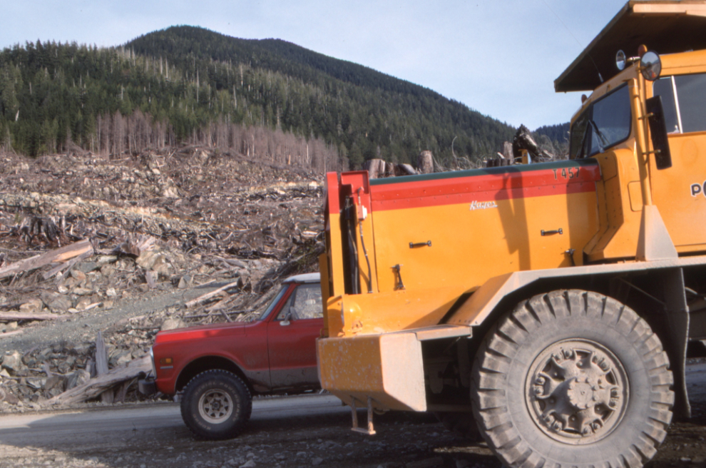 A Hayes logging truck in an area being actively logged in the Nitinat Lake area west of Carmanah.