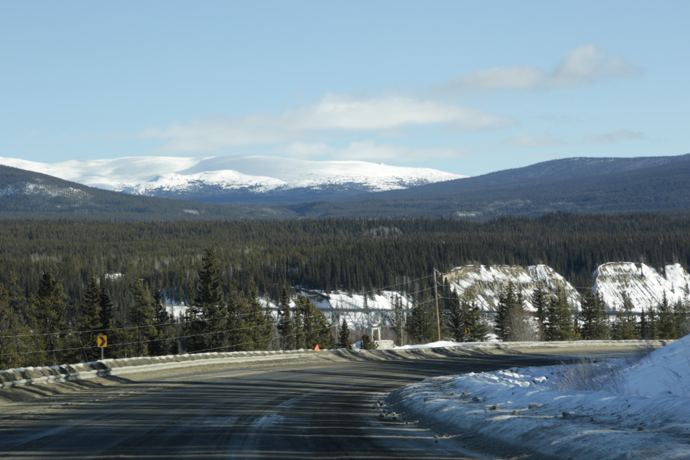 Dropping down to the Teslin River Bridge on the Alaska Highway.