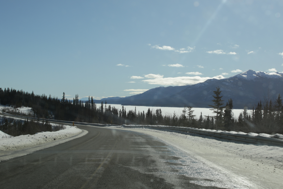 The Alaska Highway and Teslin Lake at Km 1264.9.