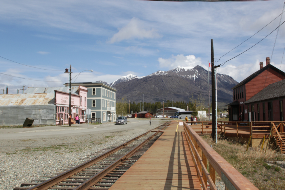 The classic view of Carcross, Yukon, looking down the railway line.