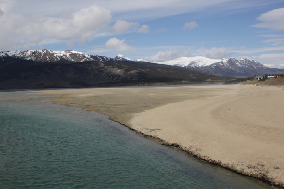 The massive beach of Lake Bennett at the low water levels of Spring. Carcross, Yukon.