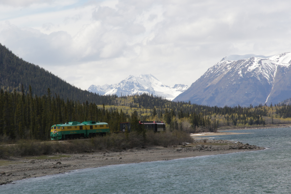 A White Pass & Yukon Route train arrives at Carcross, Yukon.