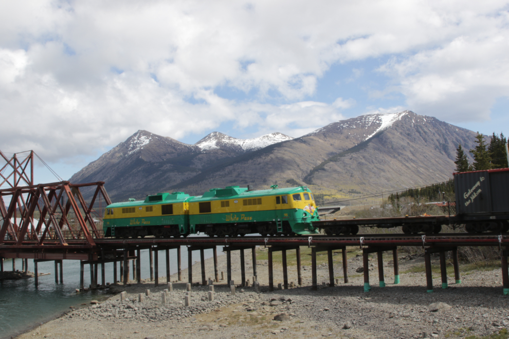 A White Pass & Yukon Route train arrives at Carcross, Yukon.