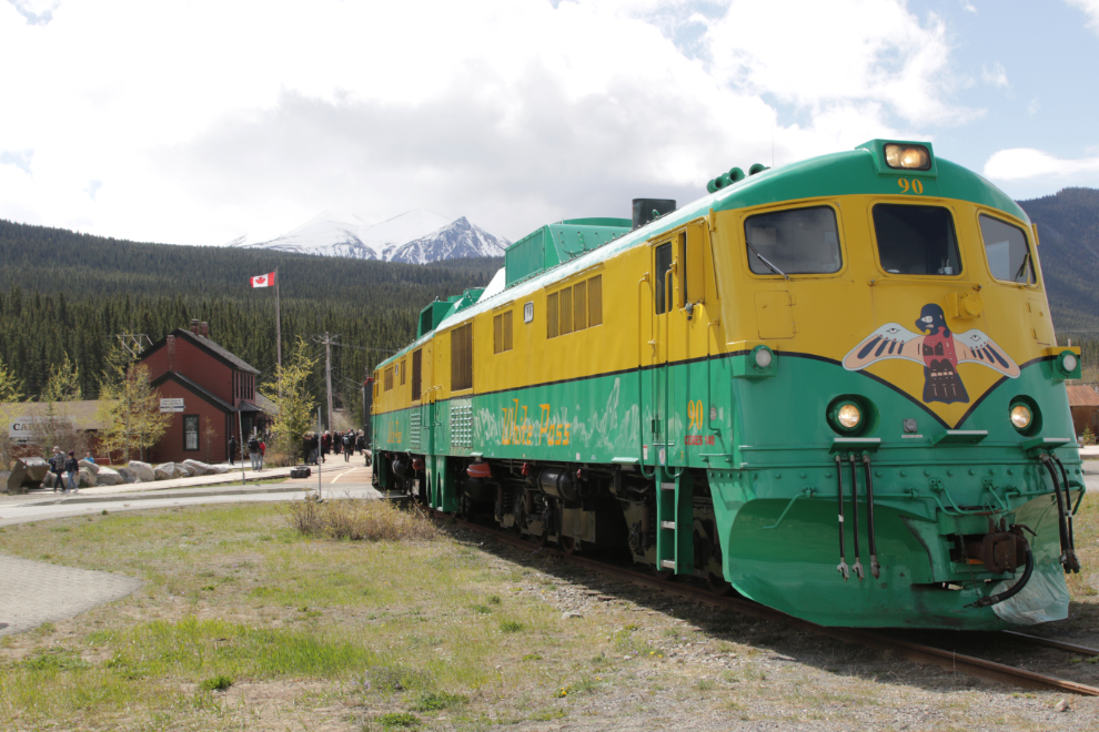 A White Pass & Yukon Route train arrives at Carcross, Yukon.