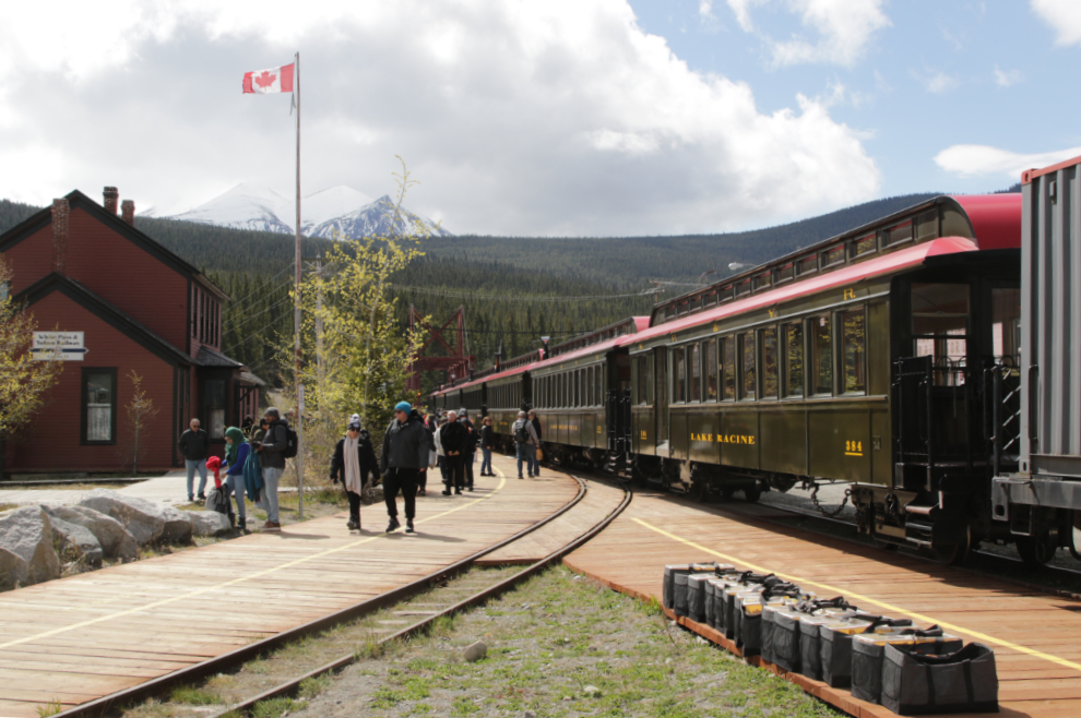 A White Pass & Yukon Route train arrives at Carcross, Yukon.