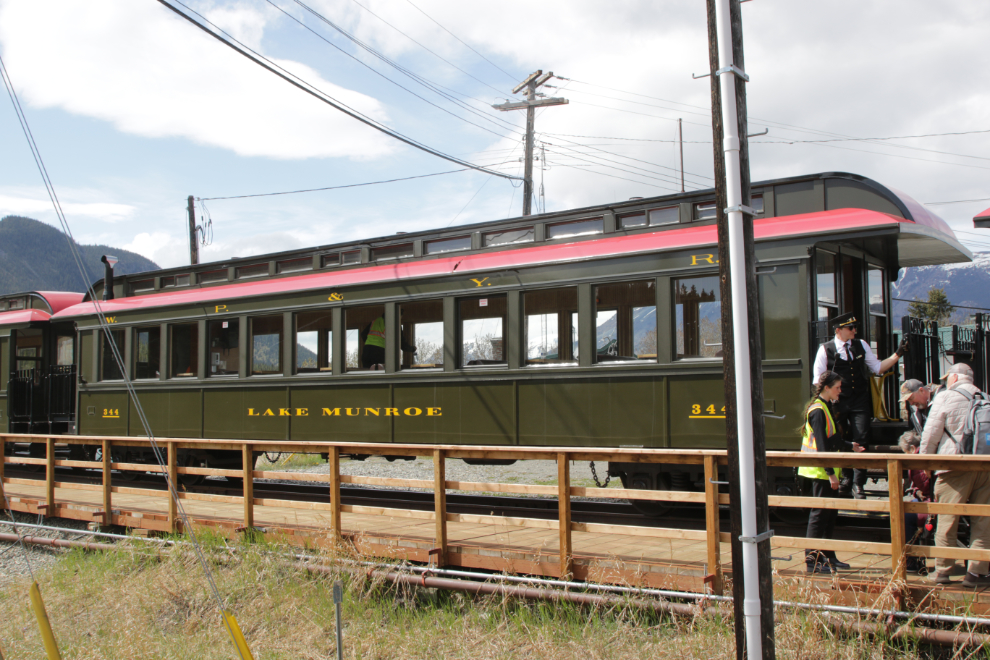 A White Pass & Yukon Route train arrives at Carcross, Yukon.
