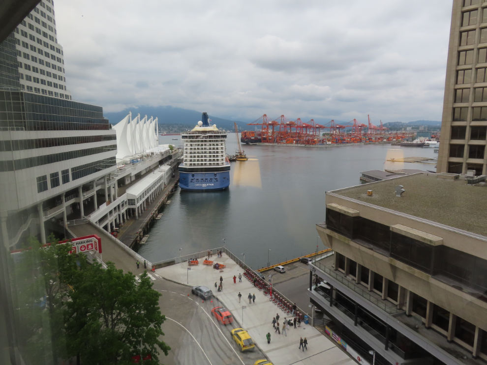 A waterfront view from Room 916 at the Fairmont Waterfront Hotel in Vancouver.