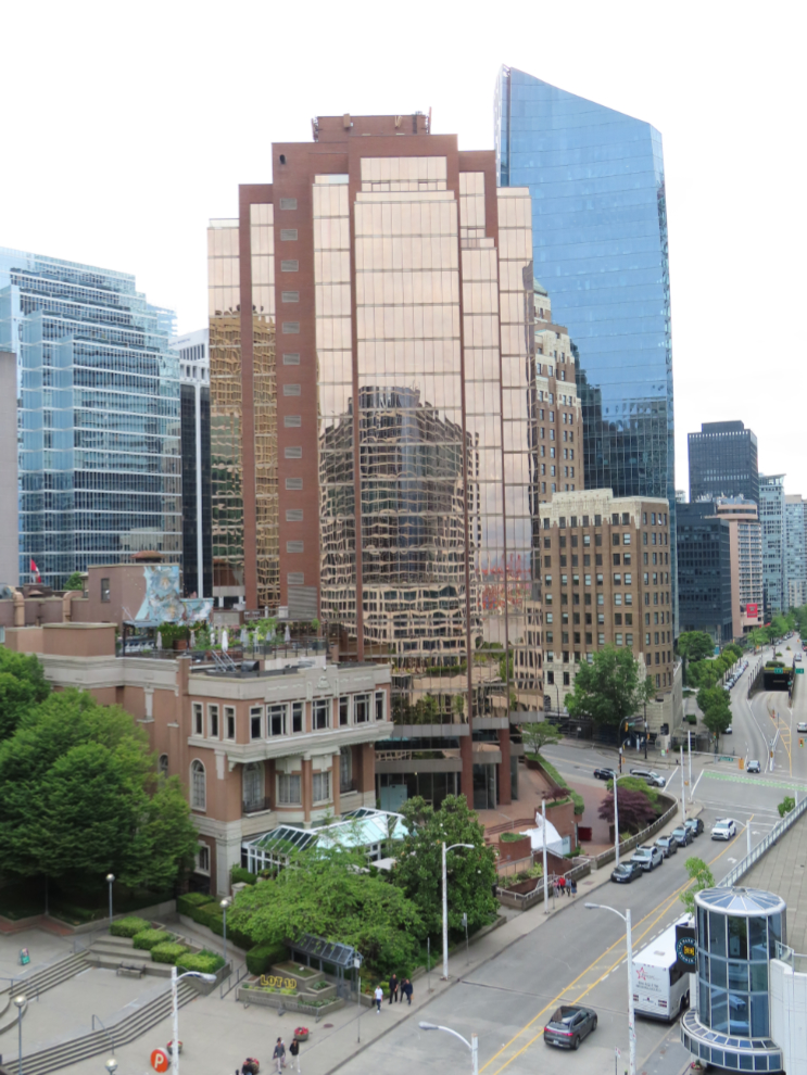 A view from the patio of the Fairmont Gold lounge on the 9th floor of the Fairmont Waterfront Hotel in Vancouver.
