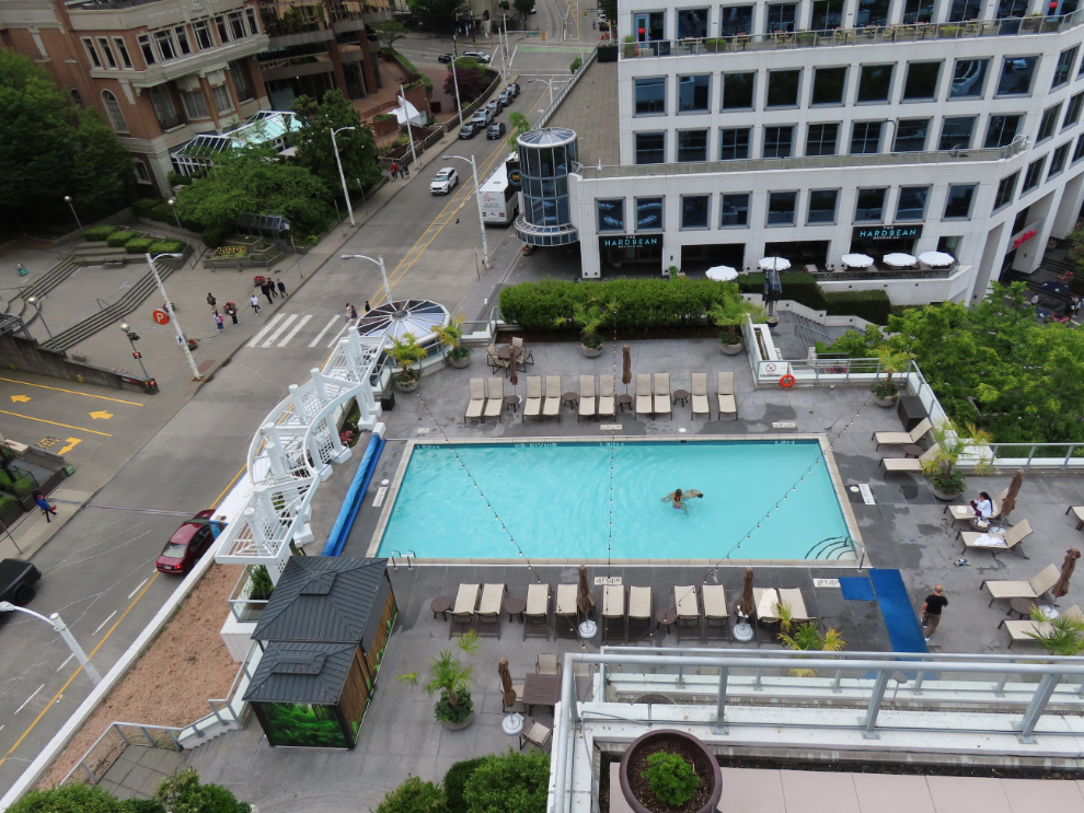 The pool at the Fairmont Waterfront Hotel in Vancouver, seen from the 9th floor Fairmont Gold patio.