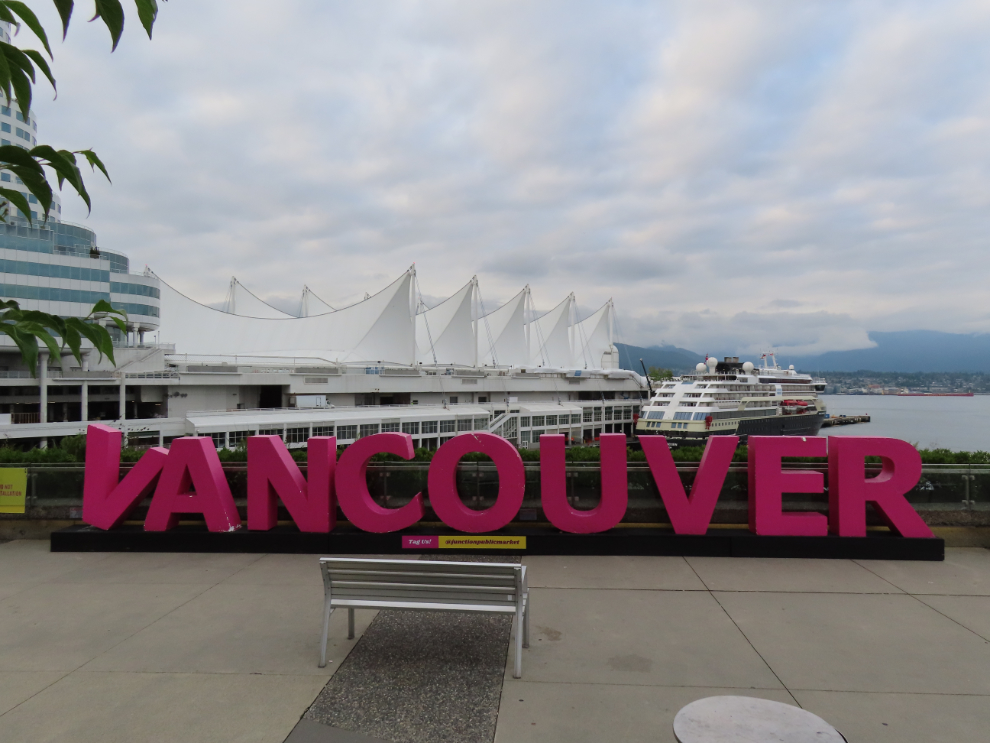 The 'Vancouver" sign overlooking Canada Place in Vancouver.