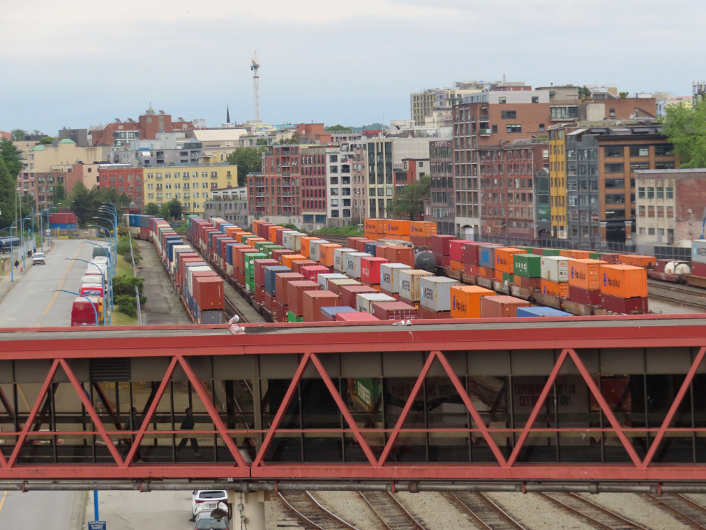 The ramp to the Seabus ferries that run across the harbour to North Vancouver, and what's left of the waterfront railyards.