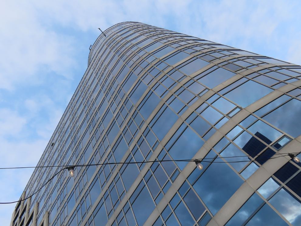 The Fairmont Waterfront Hotel in Vancouver, looking up from the 9th-floor patio.