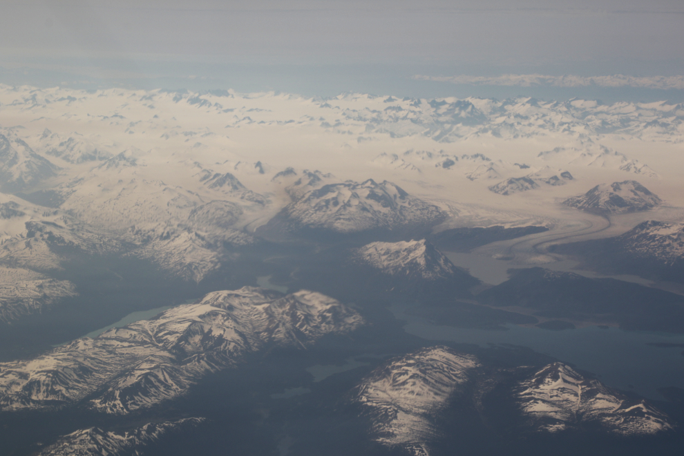 An aerial view of the Llewellyn Glacier at Atlin, obscured by wildfire smoke.