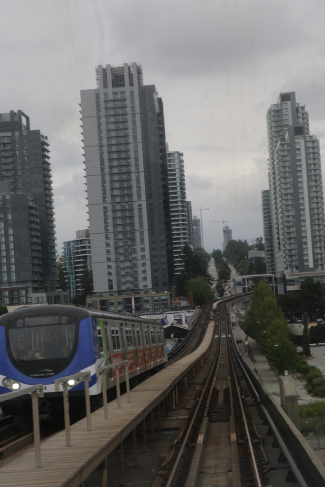 Headed to downtown Vancouver from the airport, on the Canada Line. Approaching Marine Drive Station.