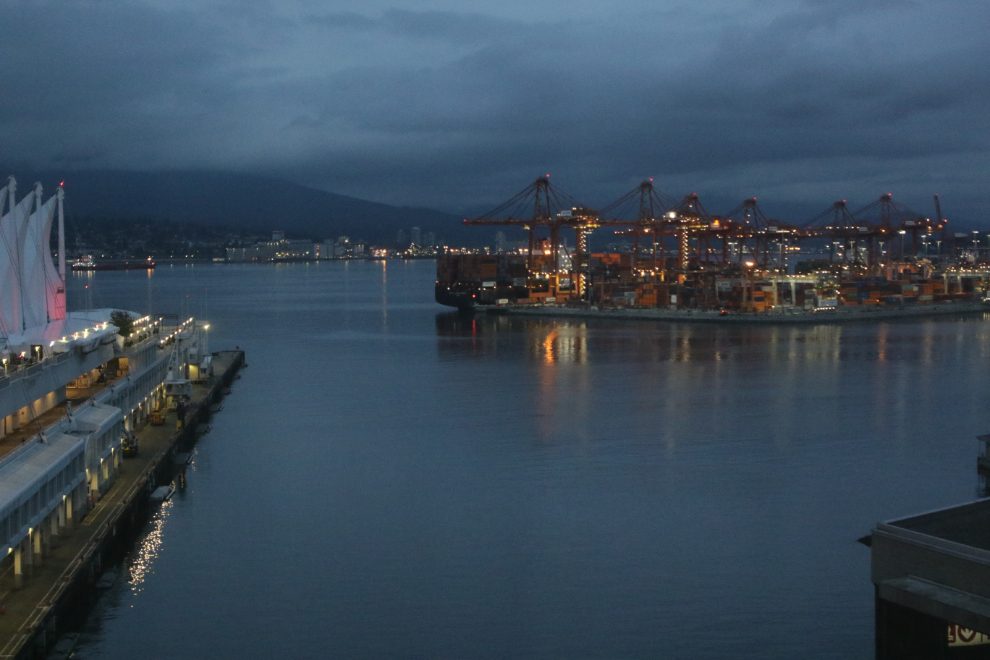 A late-evening view from Room 916 at the Fairmont Waterfront Hotel in Vancouver.