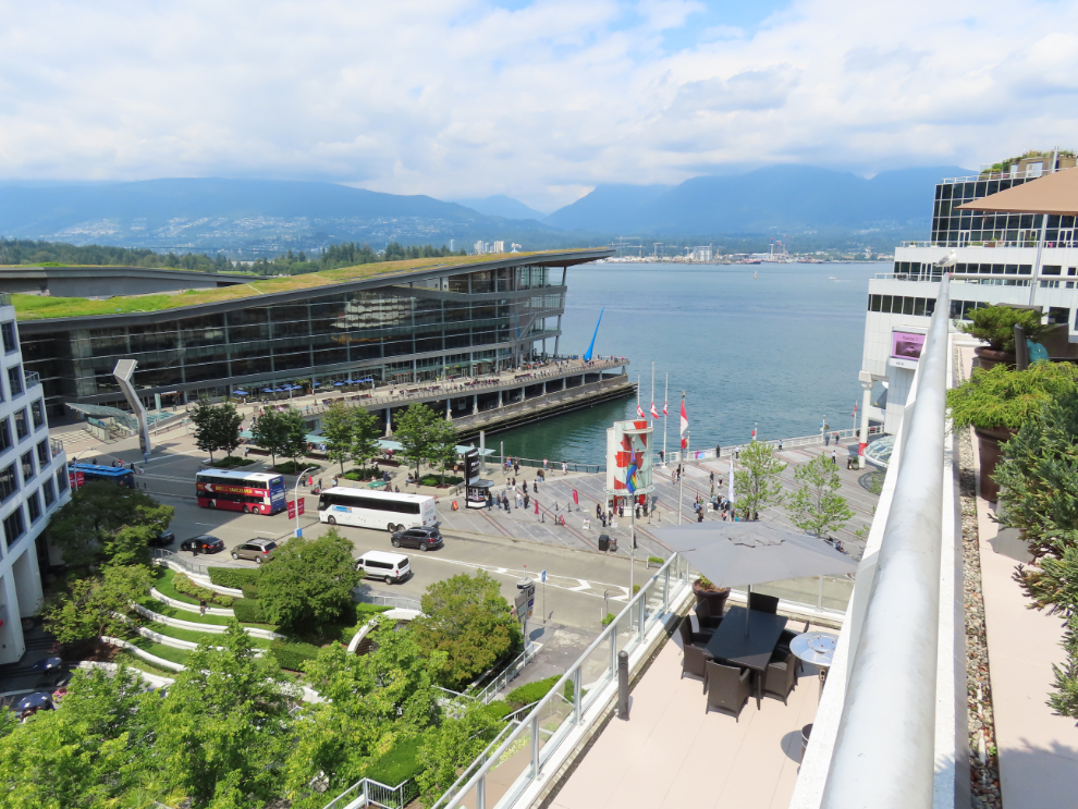 A view from the patio of the 9th-floor Fairmont Gold lounge at the Fairmont Waterfront Hotel in Vancouver.